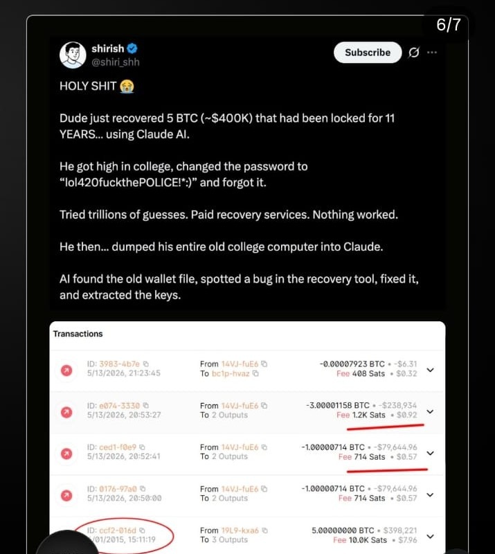 Transaction list showing the 5 BTC sweep with Claude's success message